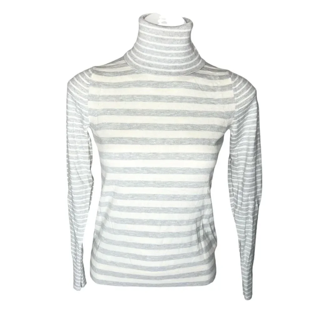 Banana Republic Striped Turtleneck Sweater Small Cotton Cashmere Gray White